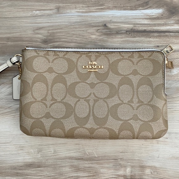 ❤️ Coach Khaki Ivory Logo Double Zip Wallet with Wrist Strap NWT - Picture 1 of 12